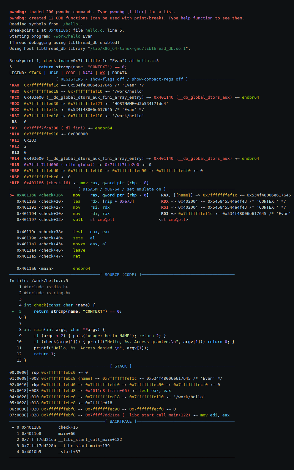 pwndbg stopped at a breakpoint in check(), showing five stacked panes: LEGEND, REGISTERS with every register’s value followed through memory, DISASM around the current instruction, SOURCE with line 5 marked, STACK, and BACKTRACE.