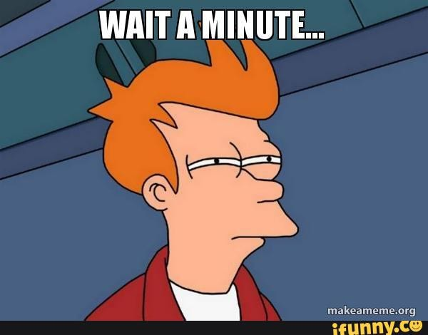 Futurama’s Fry squinting suspiciously, captioned ‘Wait a minute…’