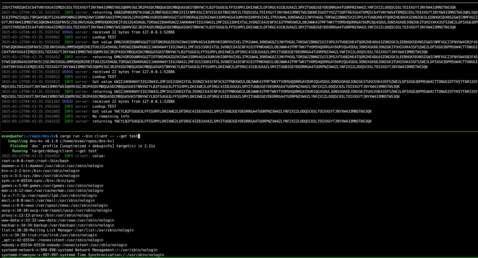 Two terminals side by side: the server logs base32-encoded TXT responses while the client runs –get test and prints the contents of /etc/passwd