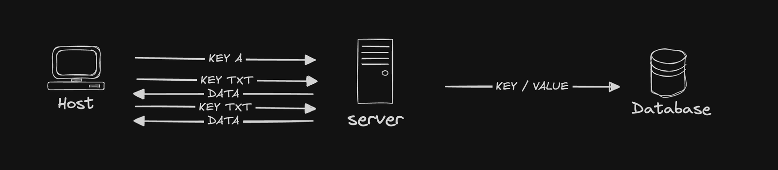 Hand-drawn diagram: the host sends an A query naming a key, then queries TXT records repeatedly to pull the data back, while the server reads key/value pairs from a database