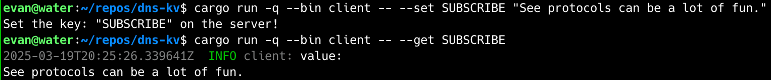 Terminal session setting the key SUBSCRIBE to ‘See protocols can be a lot of fun.’ and reading the same value back with –get