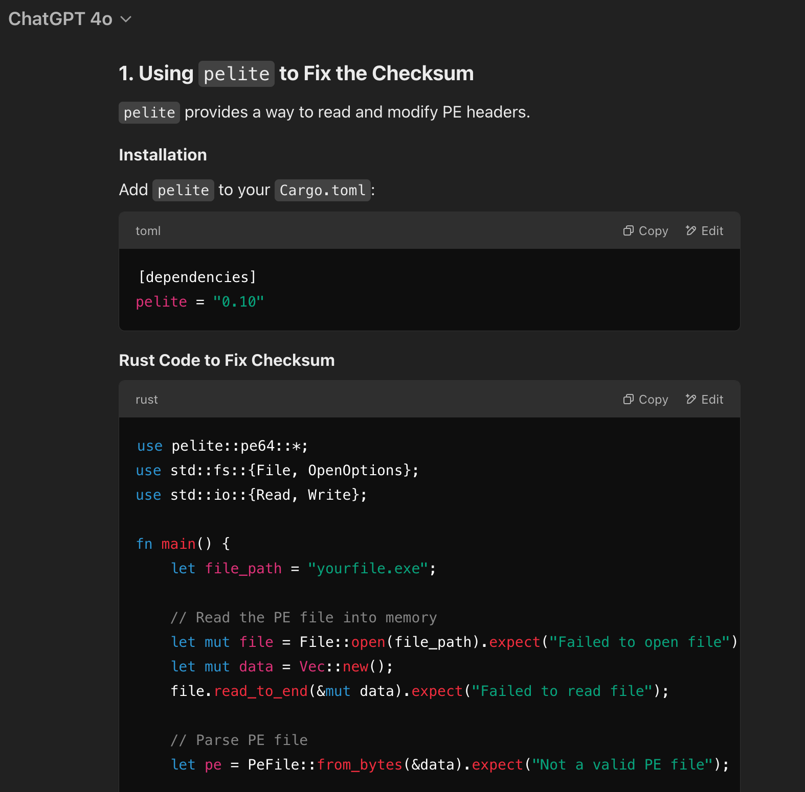 ChatGPT 4o answering with a pelite Cargo.toml dependency and Rust code to fix a PE checksum