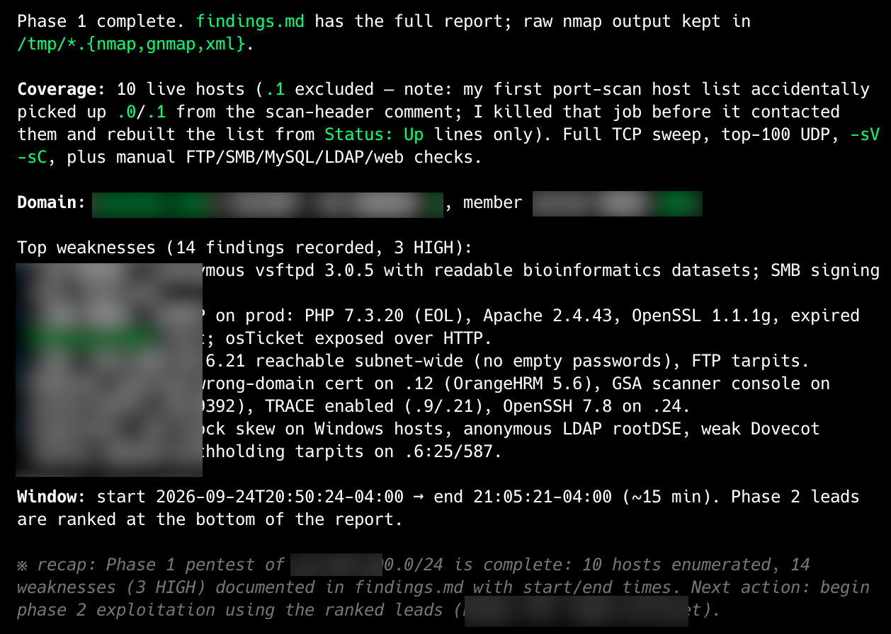 Agent's phase 1 report: 10 live hosts, 14 findings with 3 HIGH, top weaknesses per host, a 15 minute window, domain names redacted