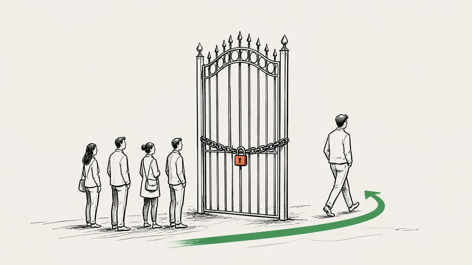 Loose pen-and-ink sketch of a tall gate chained and padlocked shut, standing on its own with no fence attached to either side. Four people wait patiently in line in front of it while a fifth simply walks around the open side.